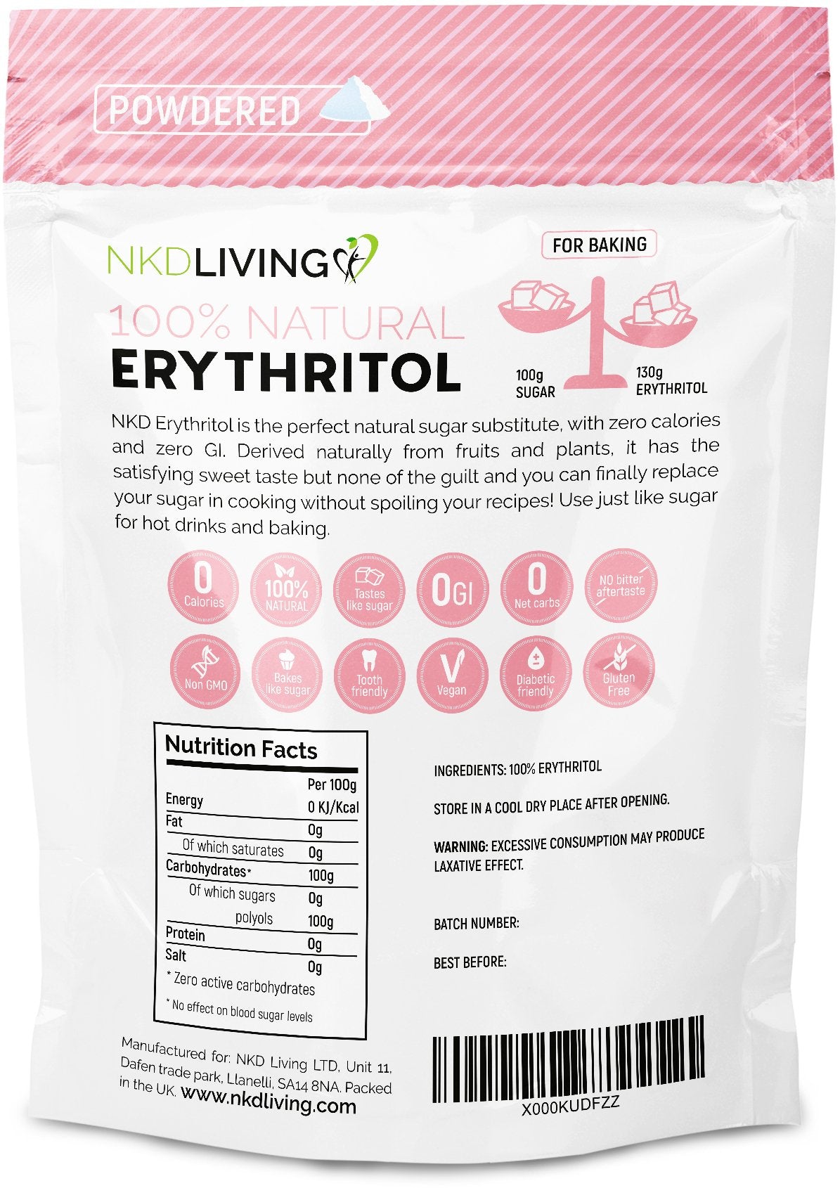 NKD LIVING 100% Natural Erythritol Natural Icing Sugar Alternative 1kg (Powdered) by NKD LIVING