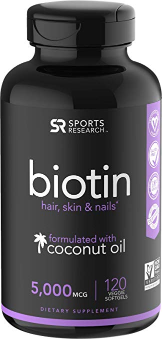 Biotin with Coconut Oil, 5,000 mcg, 120 Veggie Softgels - Sports Research by Sports Research