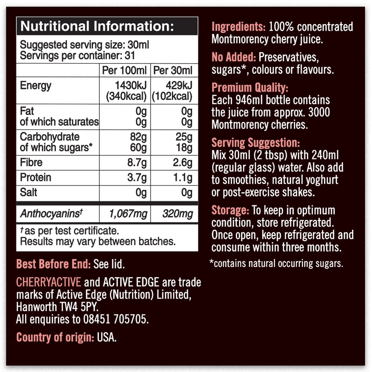 Cherry Active (Rebranded Active Edge) CherryActive 100% Concentrated Montmorency Cherry Juice 946ml by Cherry Active (Rebranded Active Edge)