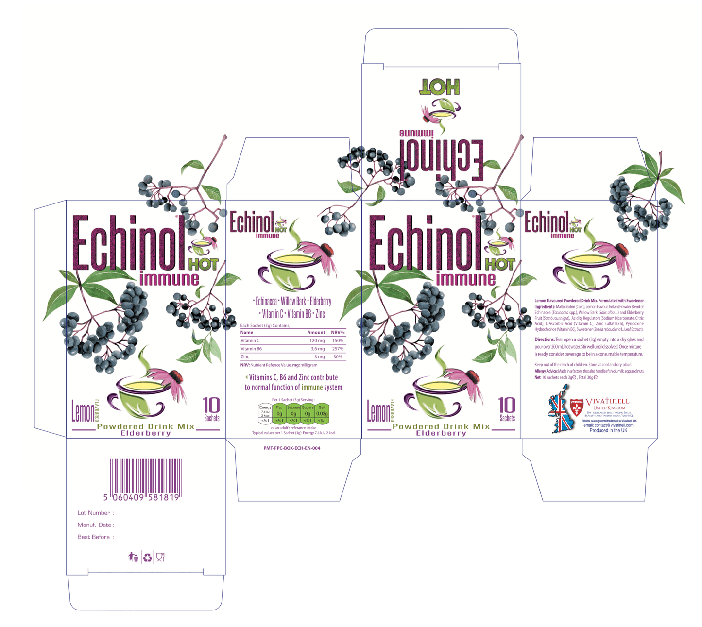 Echinol Hot Immune Powdered Drink Mix Lemon Flavoured with Elderberry 10's by Echinol