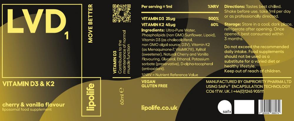 Lipolife LVD1 Vitamin D3 & K2 Cherry & Vanilla Flavour 60ml (Liposomal) by Lipolife