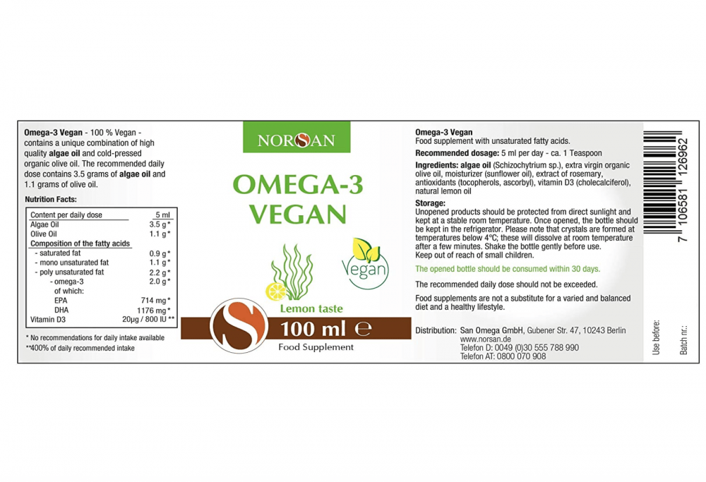 Norsan Omega - 3 Vegan Vegetable Algae Oil 100ml by Norsan