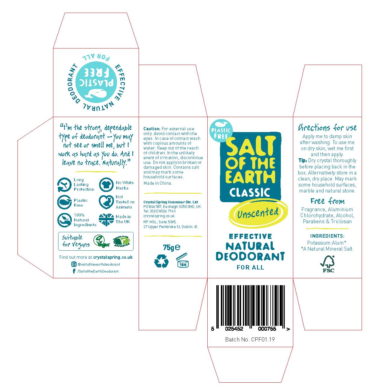 Salt of the Earth Classic Unscented Natural Deodorant Crystal 75g by Salt of the Earth