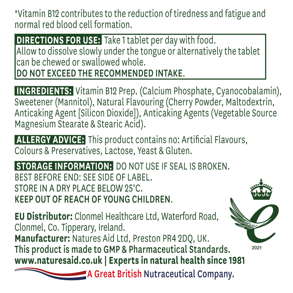 Natures Aid Vitamin B12 1000ug (Sublingual) 90's by Natures Aid