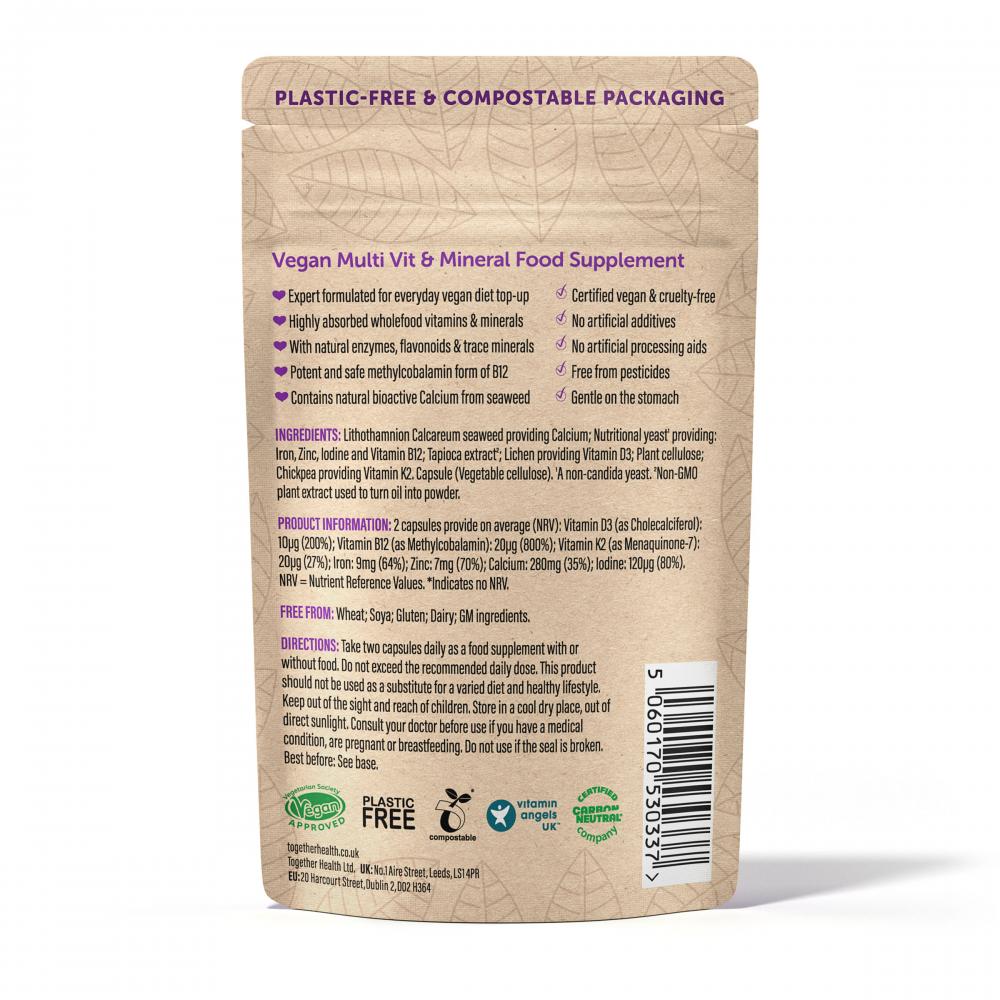 Together Health Vegan Multi Wholefood Multivitamin with D3, B12, K2, Iron, Zinc, Calcium & Iodine 60's by Together Health