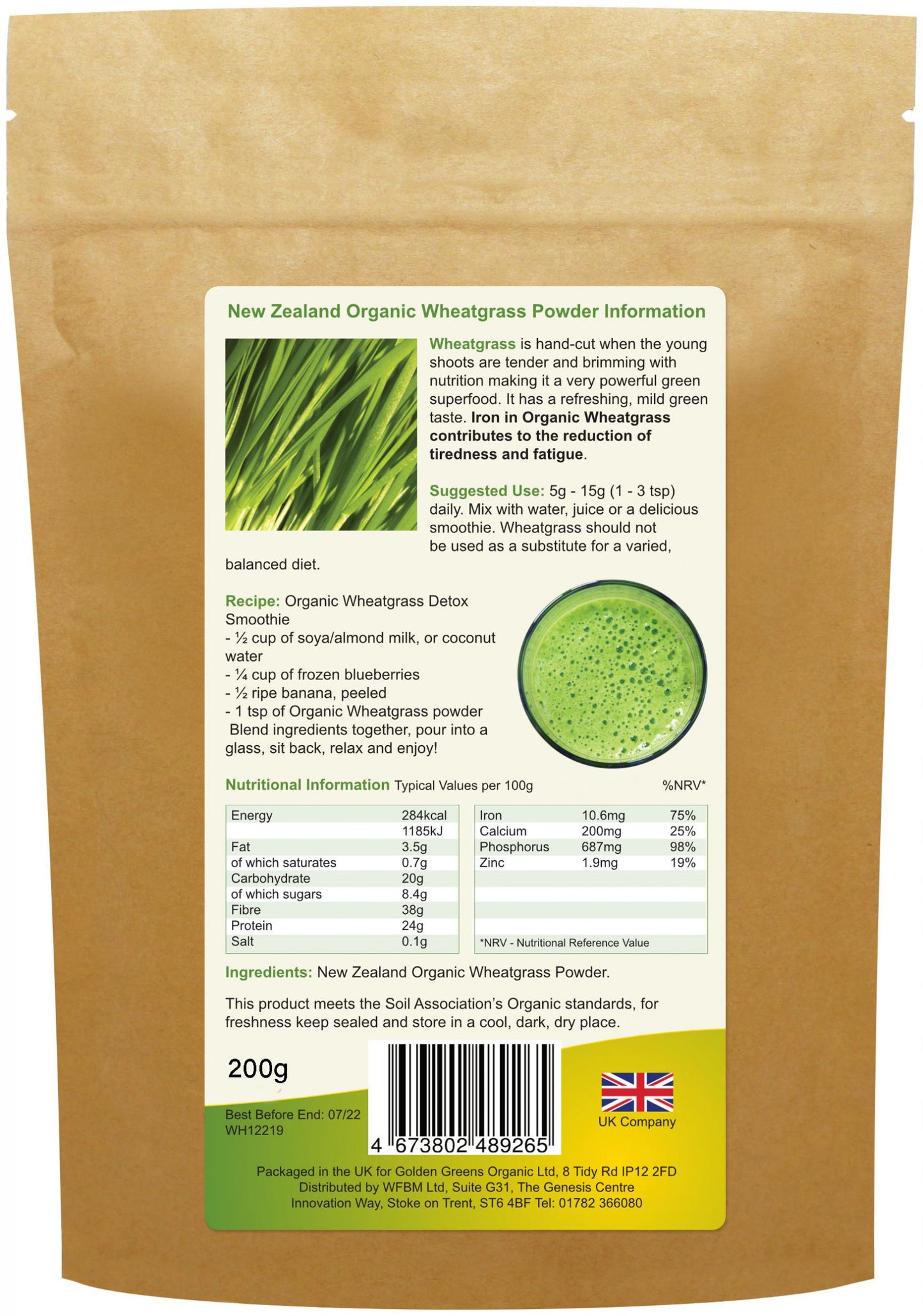 Golden Greens (Greens Organic)  New Zealand Organic Wheatgrass Powder 200g