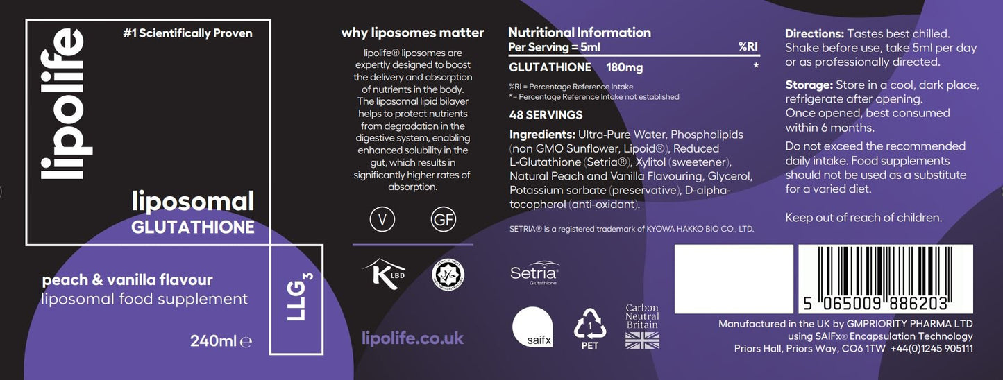 LLG3 Liposomal Glutathione (Peach & Vanilla Flavour) 240ml – Lipolife by Lipolife