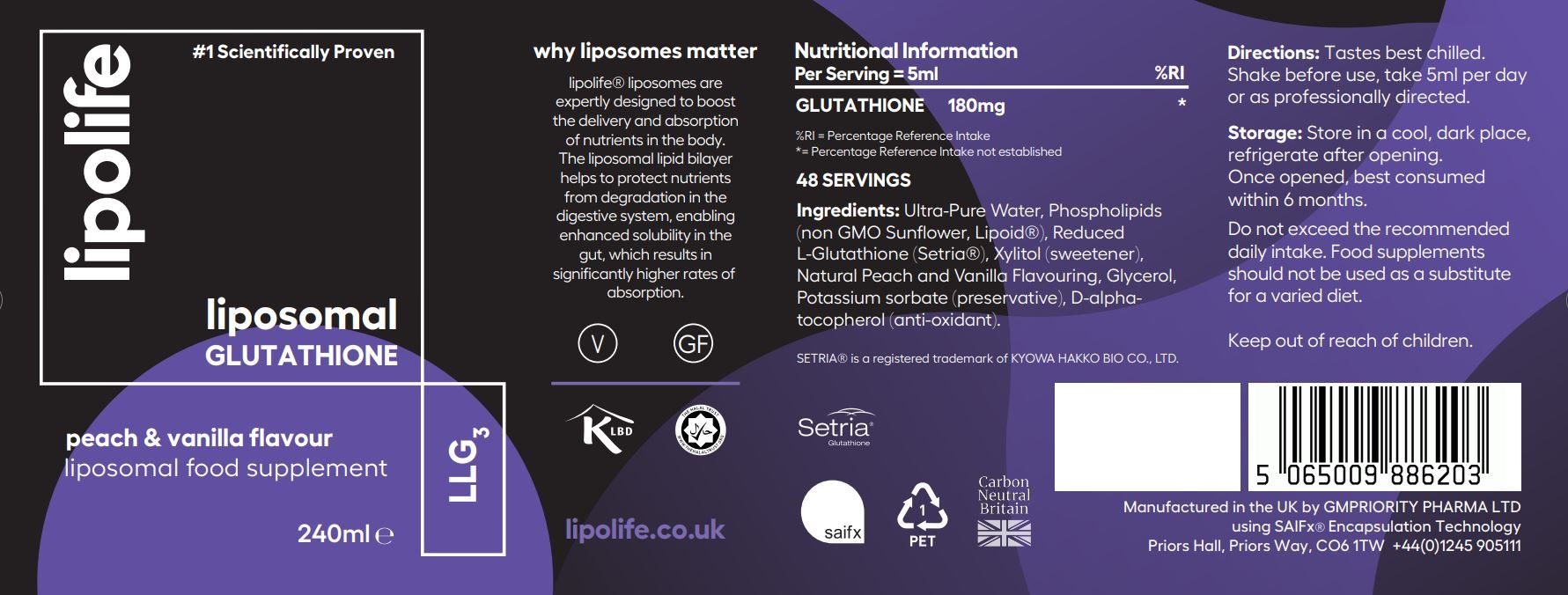 LLG3 Liposomal Glutathione (Peach & Vanilla Flavour) 240ml – Lipolife by Lipolife