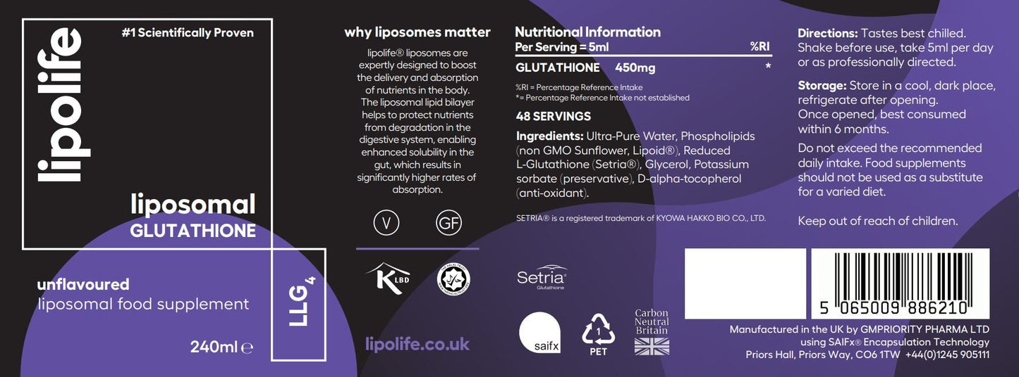 LLG4 Liposomal Glutathione (Unflavoured) 250ml - Lipolife DOUBLE PACK by Lipolife