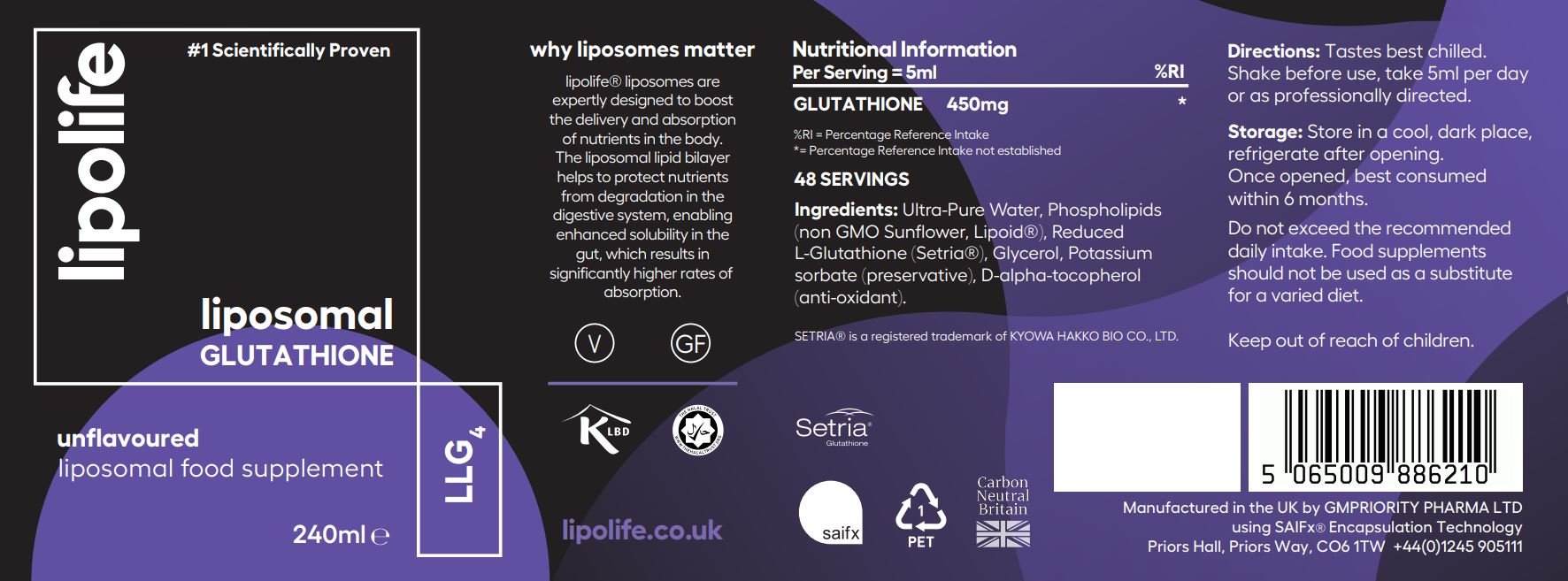 LLG4 Liposomal Glutathione (Unflavoured) 250ml - Lipolife DOUBLE PACK by Lipolife