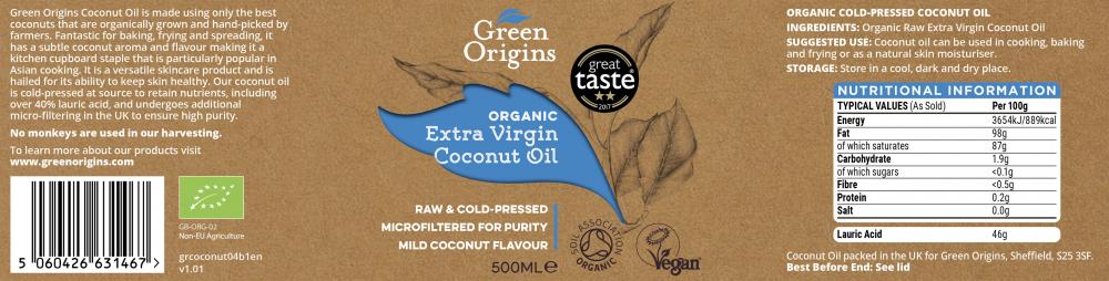Green Origins Organic Extra Virgin Coconut Oil 500ml (Glass) by Green Origins