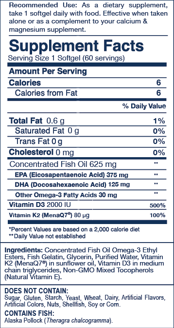 Wiley's Finest  Wild Alaskan Fish Oil Omega-3 + K2 + D3 500mg 60's