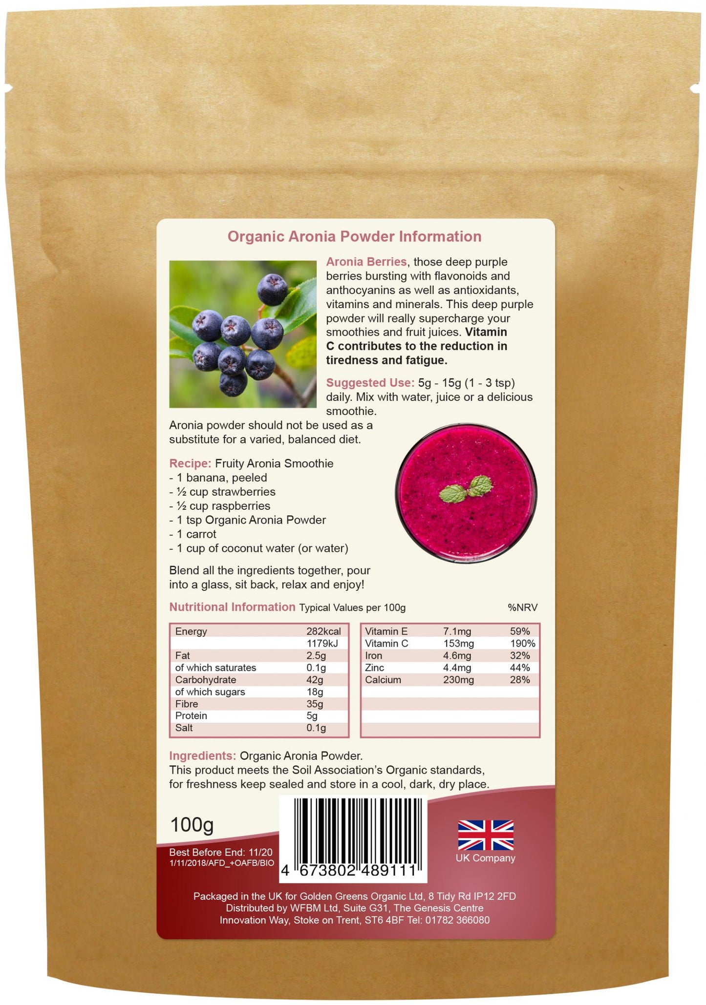 Golden Greens (Greens Organic)  Organic Aronia Powder 100g