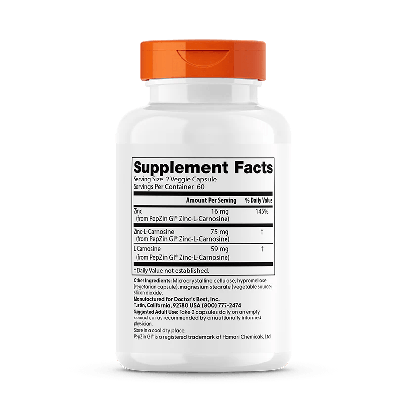 PepZin GI Zinc - L - Carnosine Complex, 120 Capsules Doctors Best by Doctor's Best