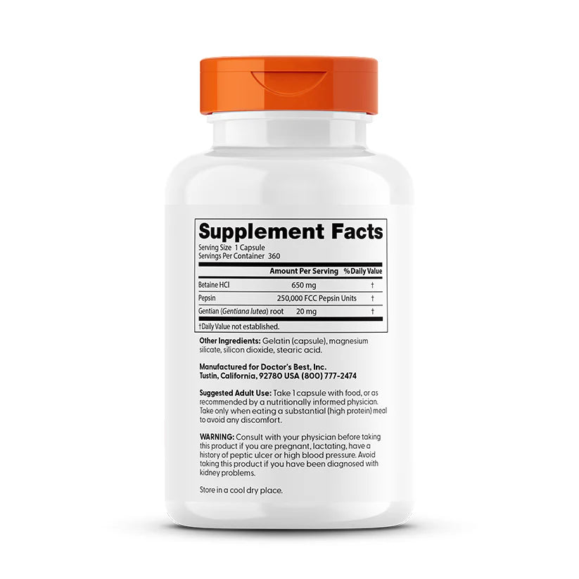 Betaine HCL, Pepsin and Gentian Bitters, 360 Capsules - Doctor's Best by Doctor's Best