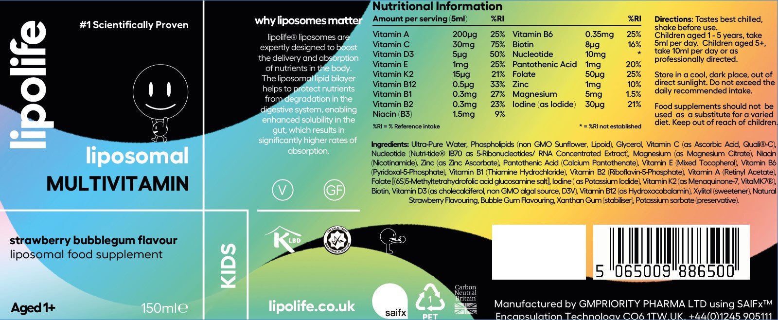 Kids Liposomal Multivitamin - 150ml - strawberry bubblegum flavour - lipolife by Lipolife