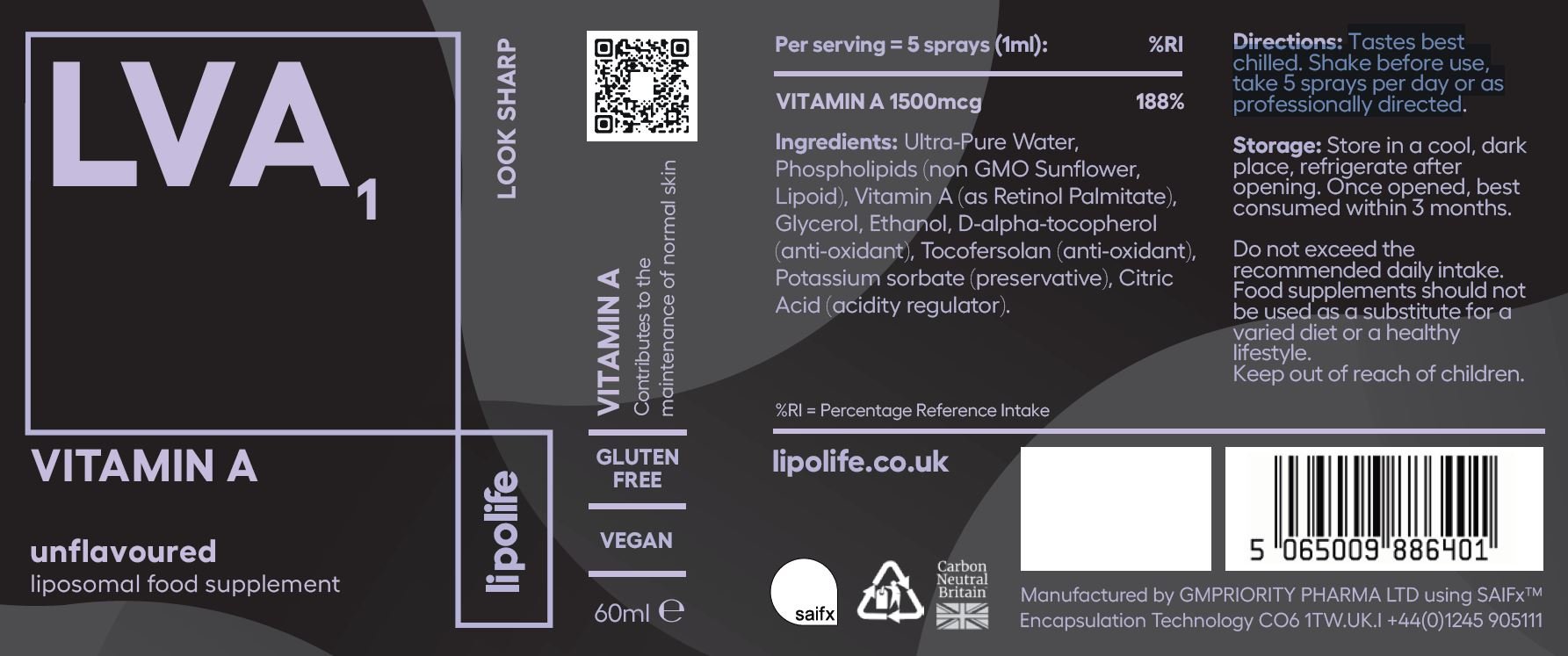 LVA1 Liposomal Vitamin A, 60ml - Lipolife by Lipolife