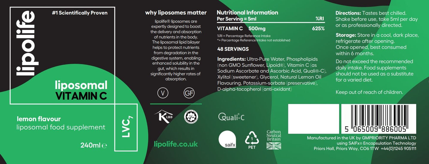 LVC7 Liposomal Vitamin C (Lemon Flavour) Ethanol - free, 250ml – Lipolife by Lipolife
