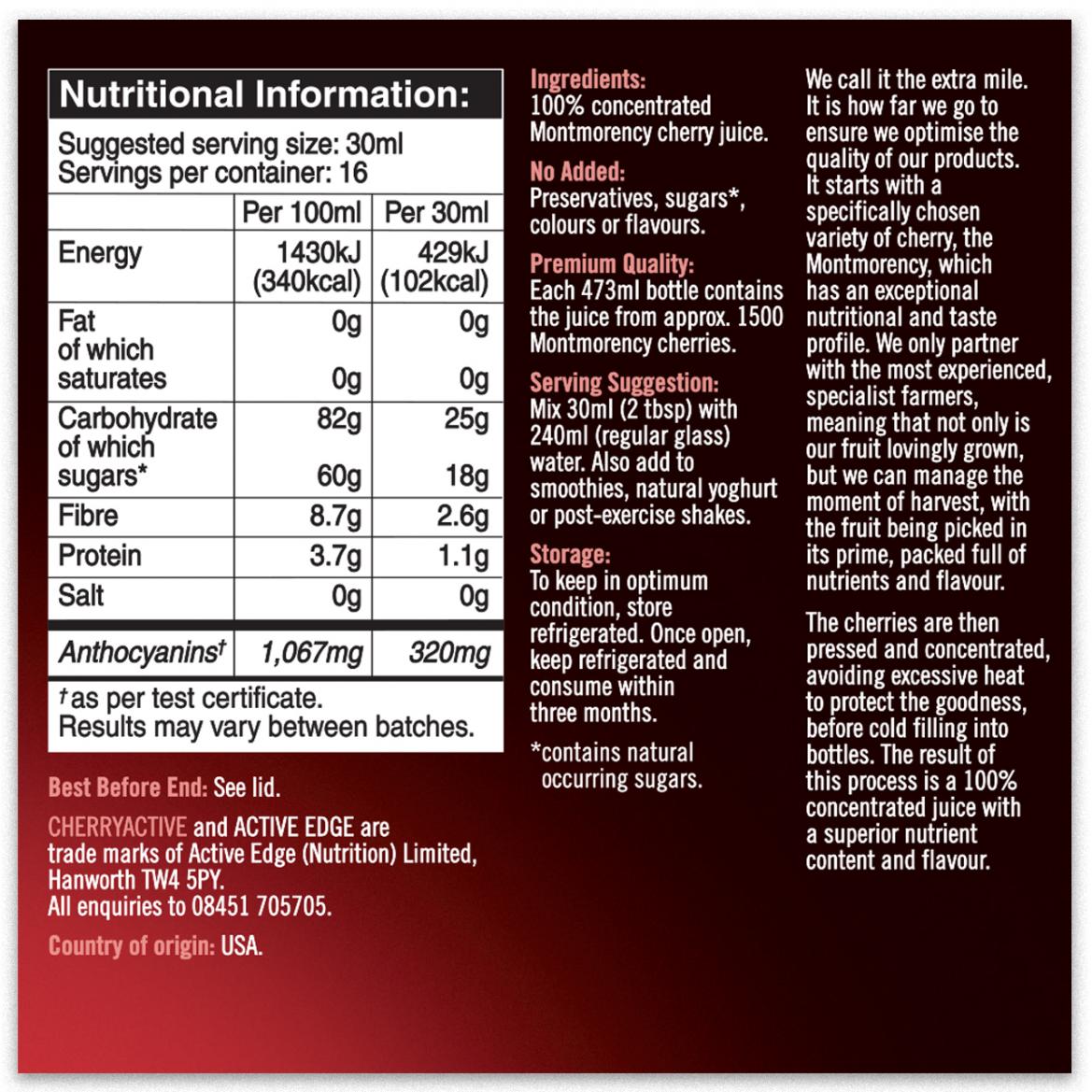 Cherry Active (Rebranded Active Edge)  CherryActive 100% Concentrated Montmorency Cherry Juice 473ml