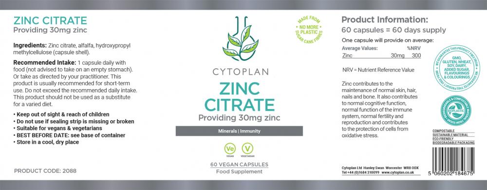 Cytoplan  Zinc Citrate 30mg 60's