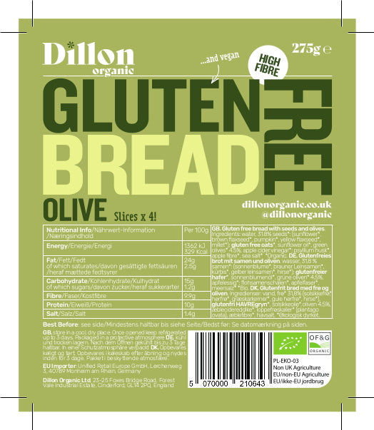 Dillon Organic  Gluten Free Bread Olive 275g