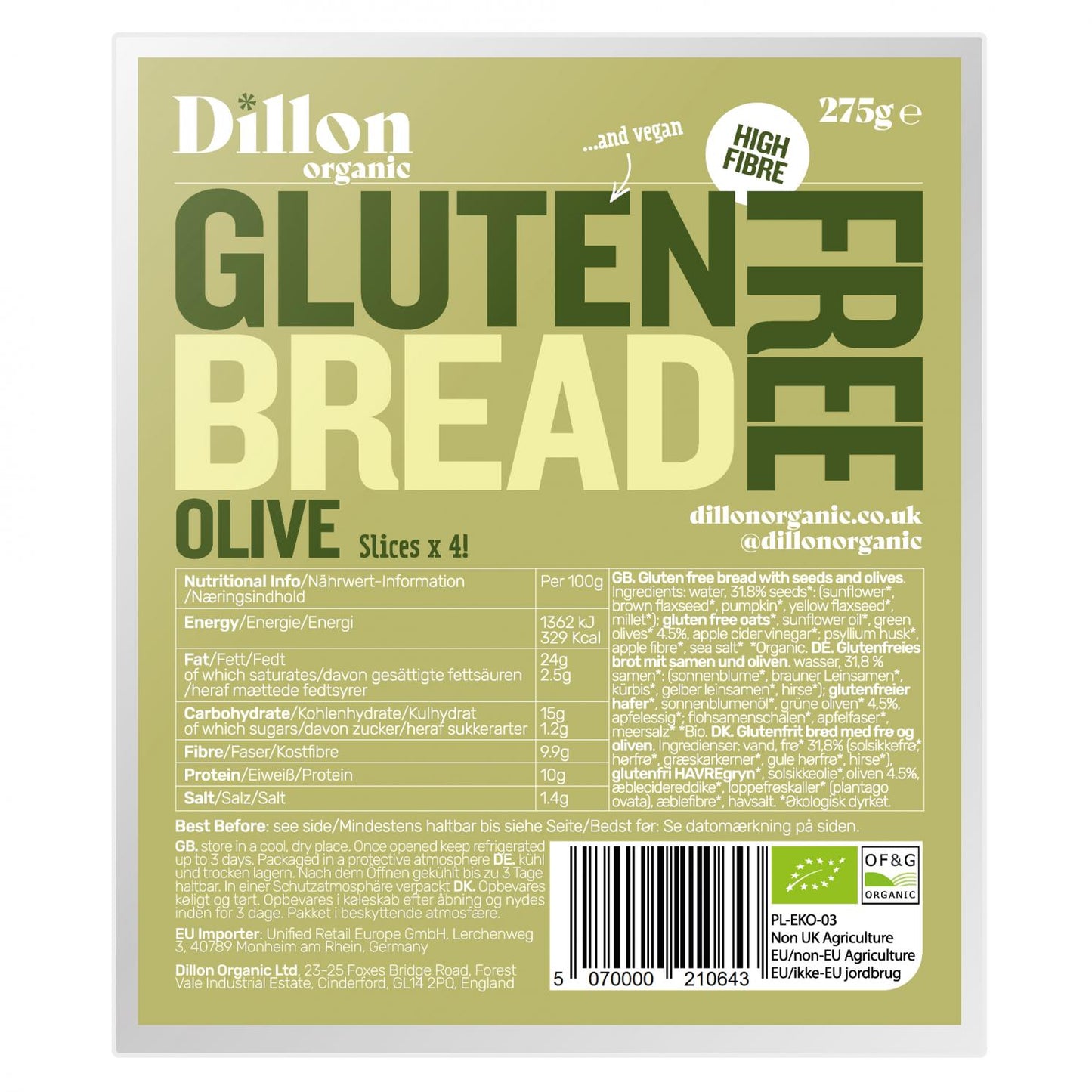 Dillon Organic  Gluten Free Bread Olive 275g