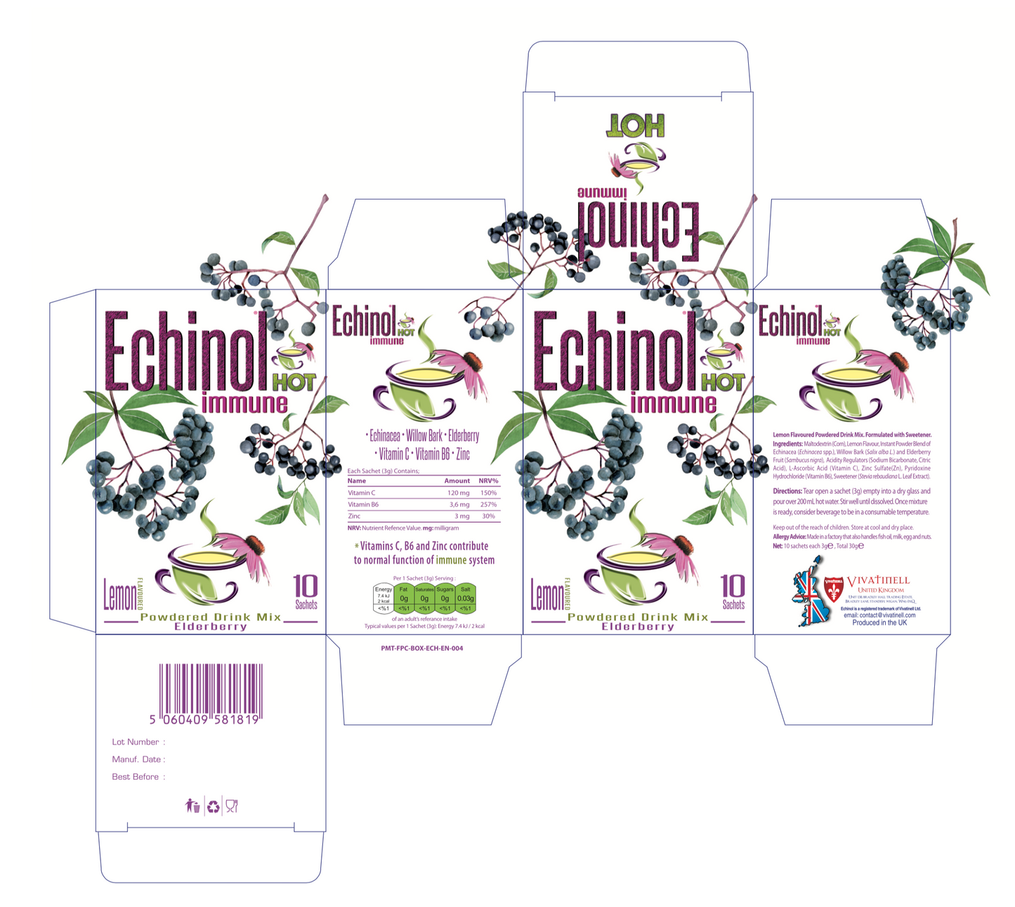 Echinol  Hot Immune Powdered Drink Mix Lemon Flavoured with Elderberry 10's