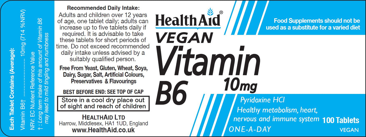 Health Aid  Vegan Vitamin B6 10mg 100's