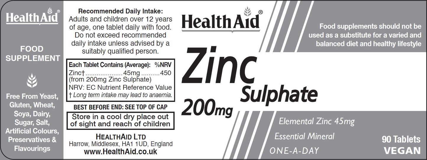 Health Aid  Zinc Sulphate 200mg 90's