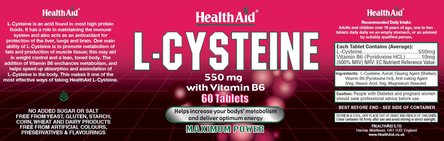 Health Aid  L-Cysteine 550mg with Vitamin B6  60's