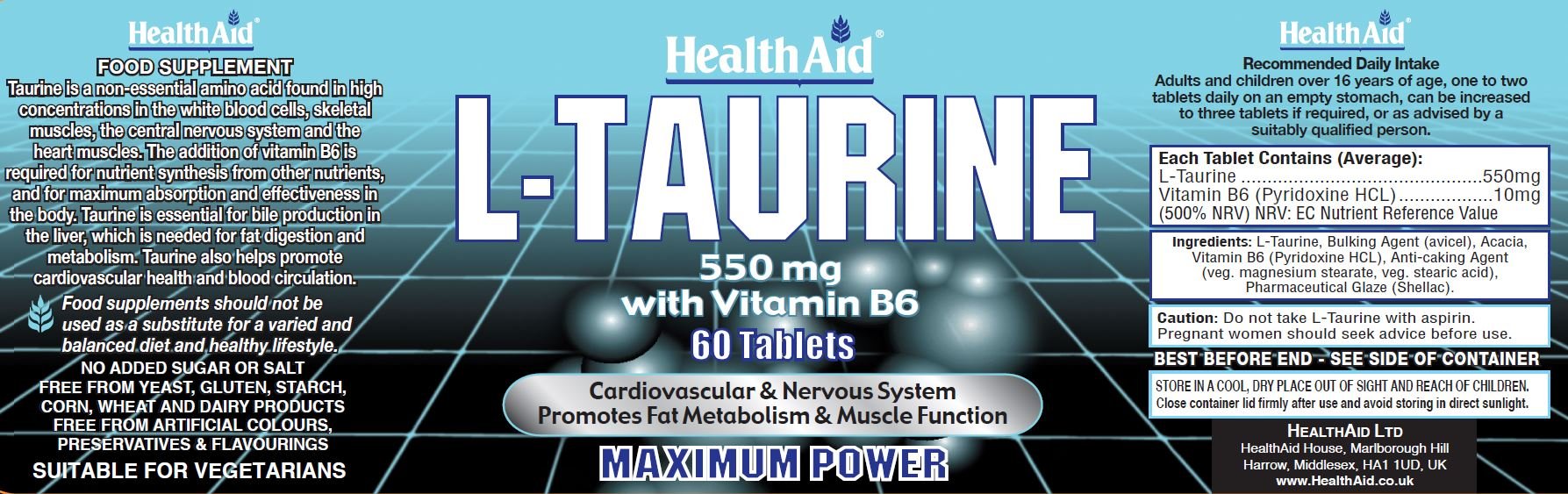 Health Aid L - Taurine 550mg with Vitamin B6 60's by Health Aid