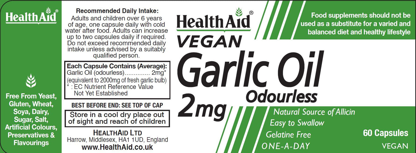 Health Aid  Vegan Garlic Oil 2mg Odourless  60's