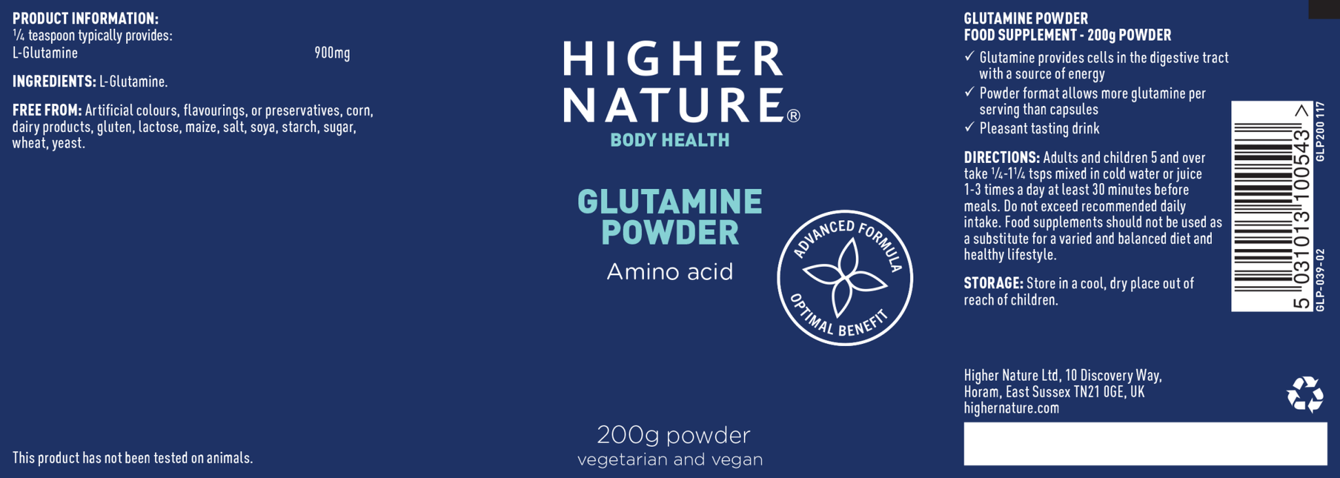Higher Nature Glutamine Powder Amino Acid 200g by Higher Nature
