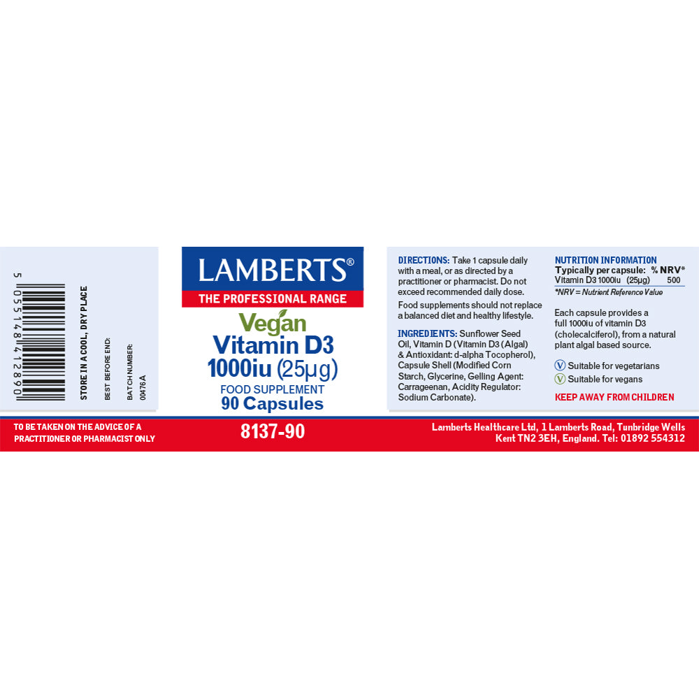 Lamberts  Vegan Vitamin D3 1000iu (25ug) 90's