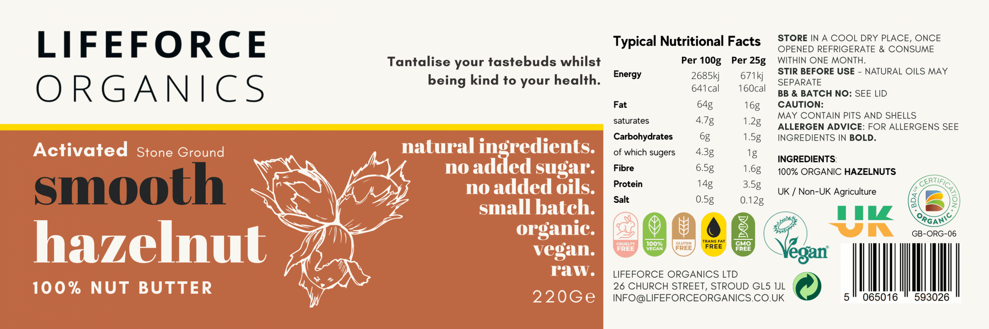 Lifeforce Organics Activated Smooth Hazelnut Butter 220g by Lifeforce Organics