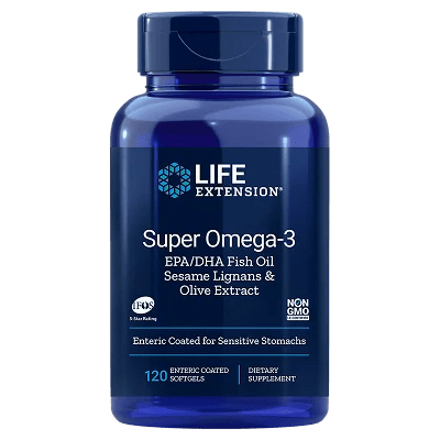 Super Omega - 3 EPA/DHA Fish Oil, Sesame Lignans &amp; Olive Extract, 120 Enteric Coated Softgels Life Extension by Life Extension