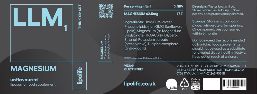 Lipolife LLM1 Magnesium Unflavoured 240ml (Liposomal) by Lipolife