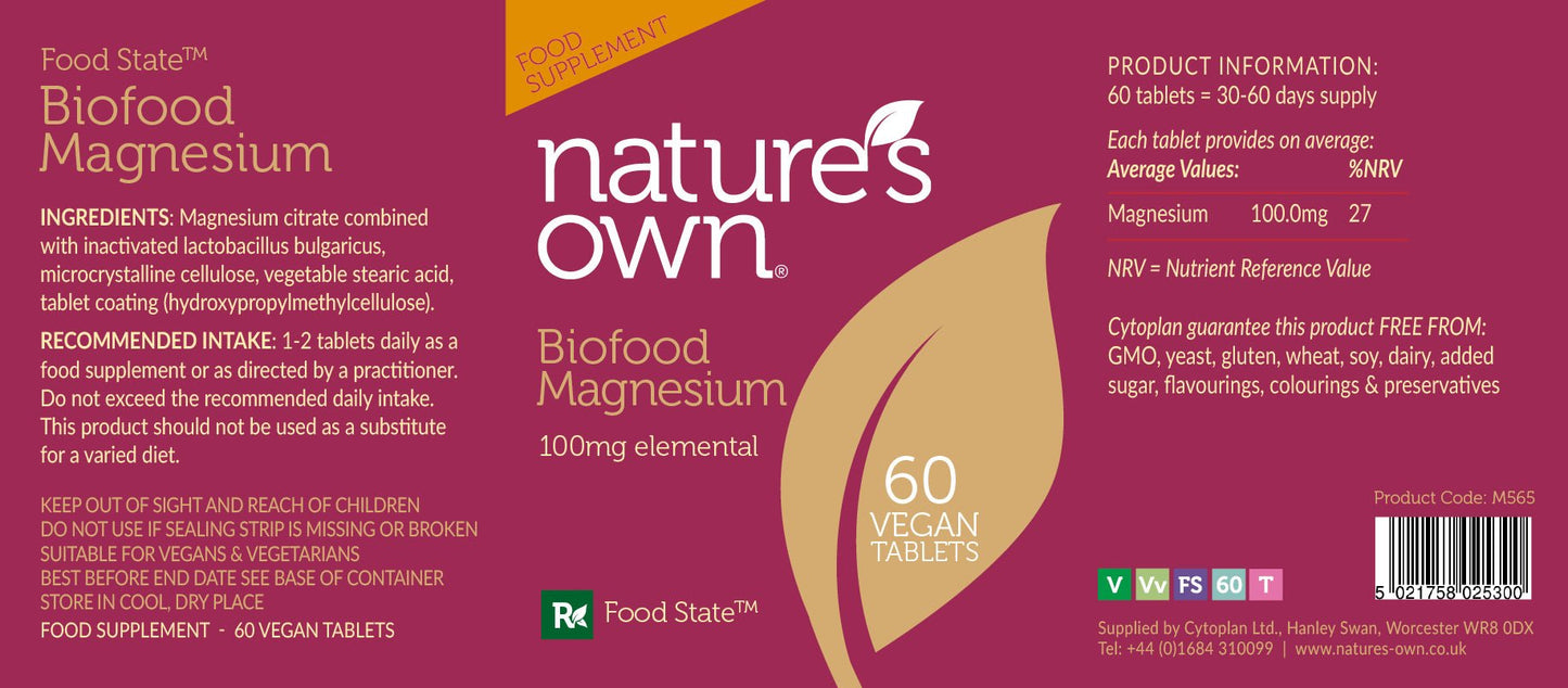 Nature's Own Food State Magnesium 100mg elemental 60's by Nature's Own