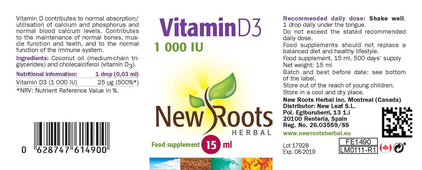 New Roots Herbal  Vitamin D3 1000iu Liquid 15ml