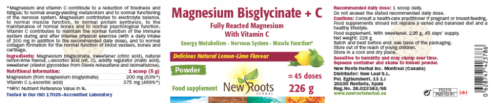 New Roots Herbal Magnesium Bisglycinate + C 226g by New Roots Herbal