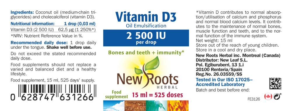 New Roots Herbal  Vitamin D3 2500iu Liquid 15ml