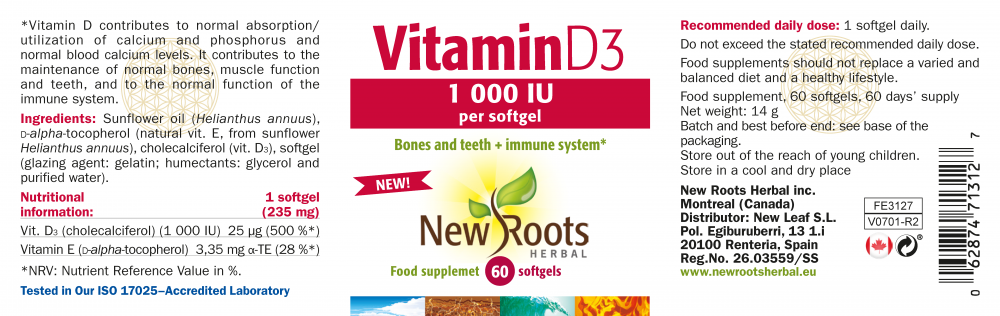 New Roots Herbal  Vitamin D3 1000iu 60's