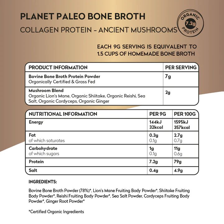 Planet Paleo  Organic Bone Broth Collagen Protein Ancient Mushrooms with Lion's Mane & Reishi 225g