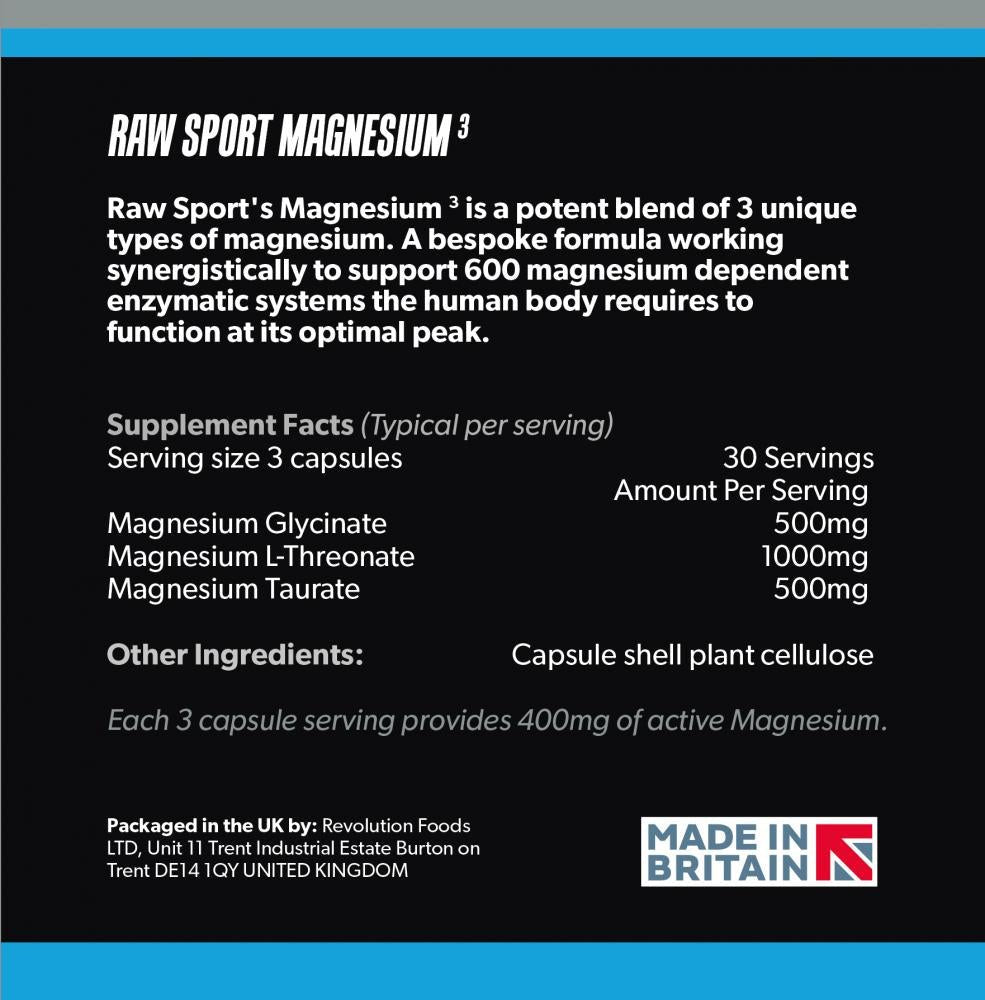 Raw Sport Wellness Magnesium3 Glycinate, L - Threonate, Taurate 30 Servings 90's by Raw Sport