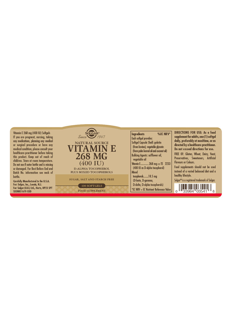 Solgar  Natural Source Vitamin E 268mg (400iu) 100 Softgels