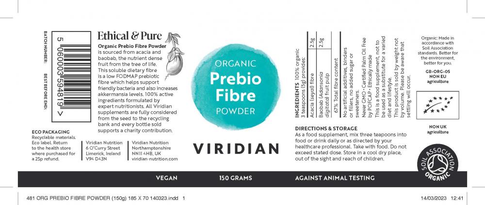 Viridian  Organic Prebio Fibre Powder 150g