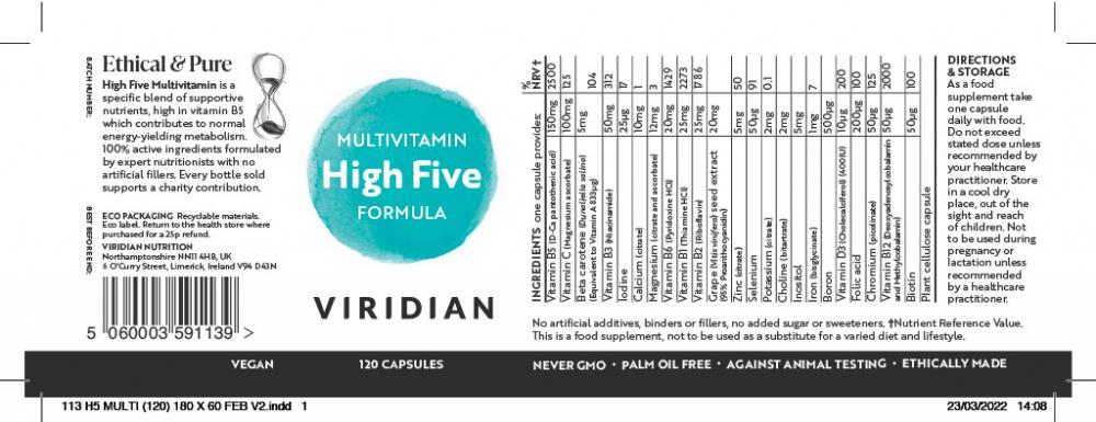 Viridian Multivitamin HIGH FIVE Formula 120's by Viridian