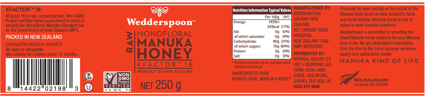 Wedderspoon  Raw Monofloral Manuka Honey K Factor 16 250g