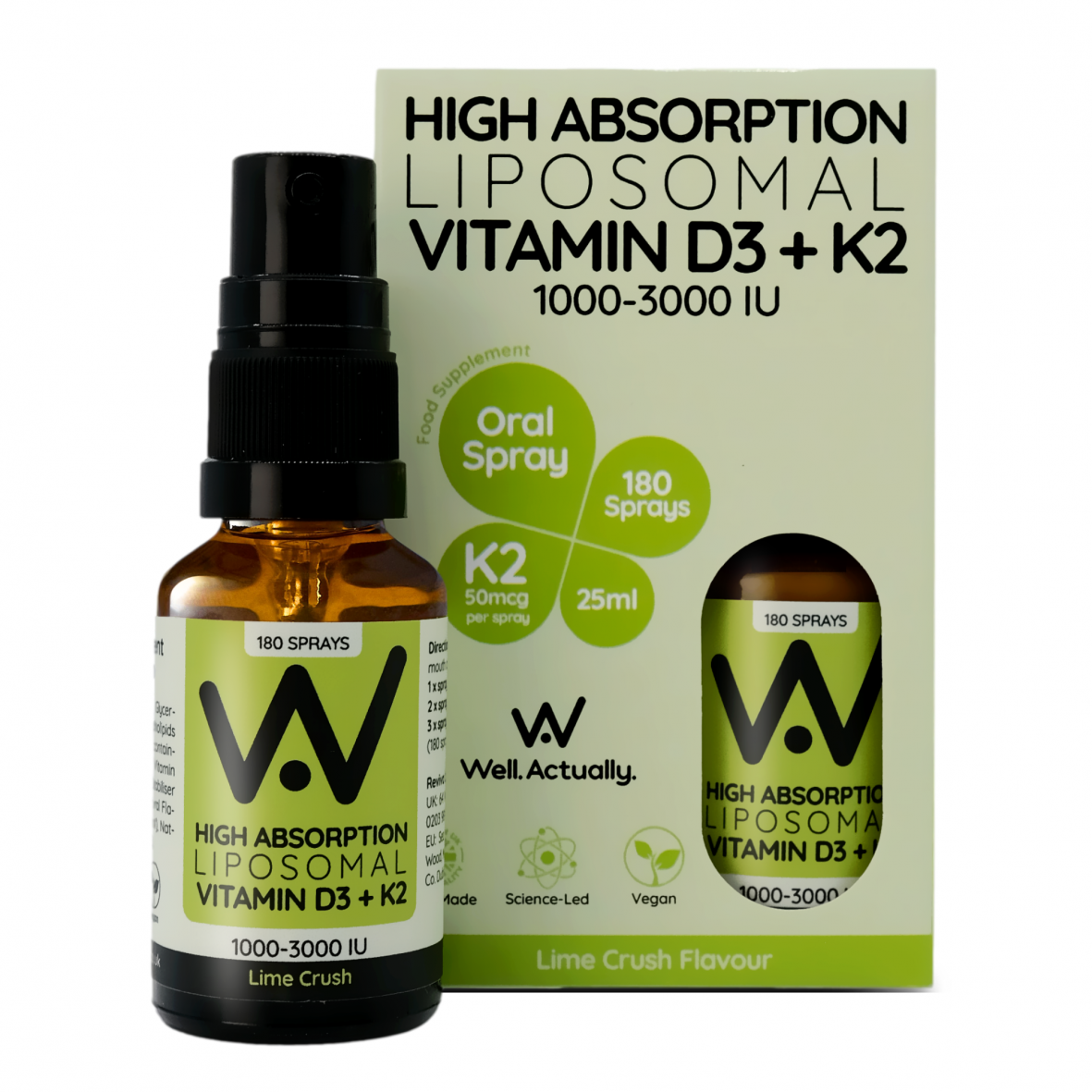 Well.Actually.  High Absorption Liposomal Vitamin D3 + K2 1000-3000IU Oral Spray Lime Crush 25ml